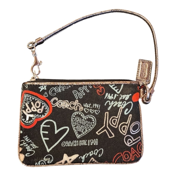 Coach Poppy Heart Wristlet Black Gold Metallic Canvas Original And Limited - Picture 6 of 13